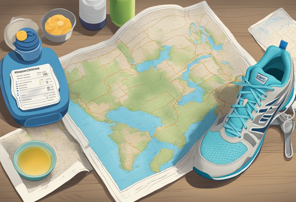 A table with a balanced meal and a water bottle, surrounded by running shoes and a map of a long-distance route