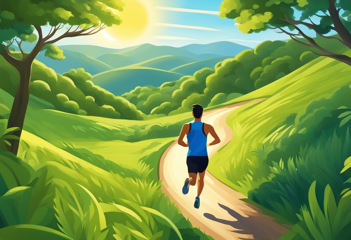 A runner races along a winding trail, surrounded by lush greenery and rolling hills. The sun shines brightly overhead, casting long shadows on the path
