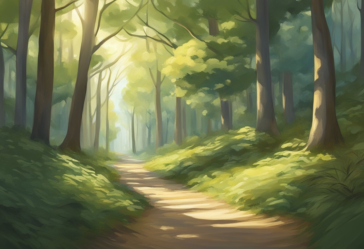 A winding trail cuts through a serene forest, with dappled sunlight filtering through the trees. The path stretches into the distance, inviting the viewer to imagine the mental and physical endurance required for long-distance running