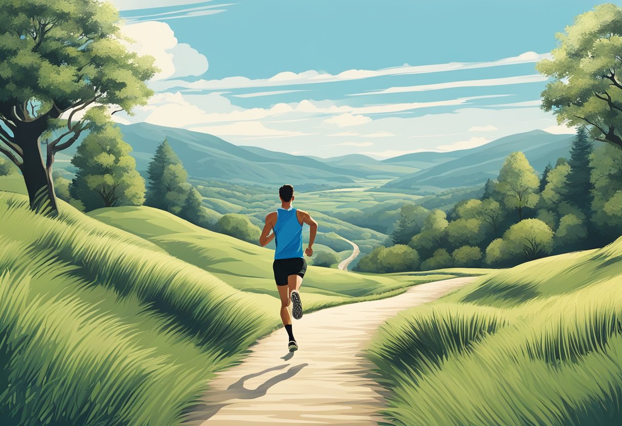 A runner follows a winding path through a scenic landscape, with rolling hills and a clear blue sky overhead. They maintain a steady pace, demonstrating proper form and technique for long distance running