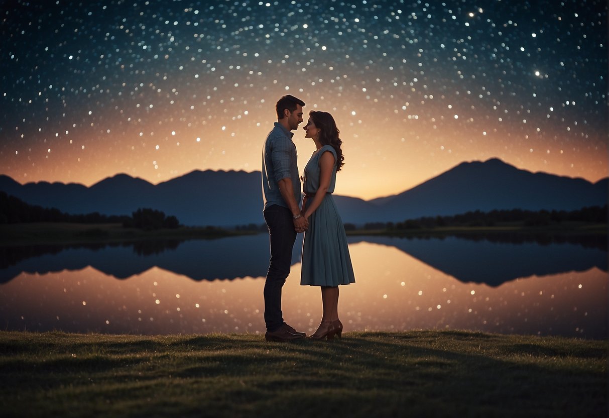 A man and woman stand under a starry sky, holding hands and gazing into each other's eyes with love and affection