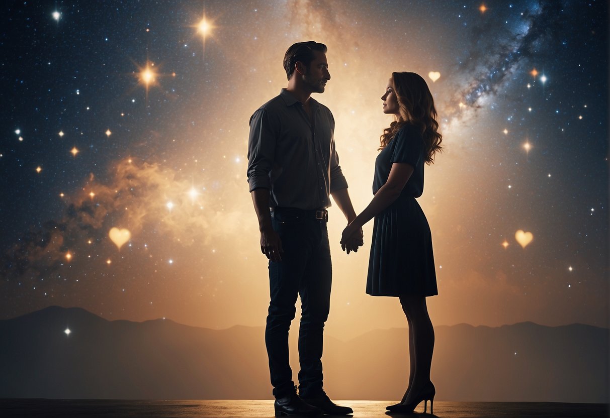 A man and a woman stand facing each other, their eyes locked in a deep connection. The air crackles with the energy of their love, as they share an unbreakable bond as Gemini partners
