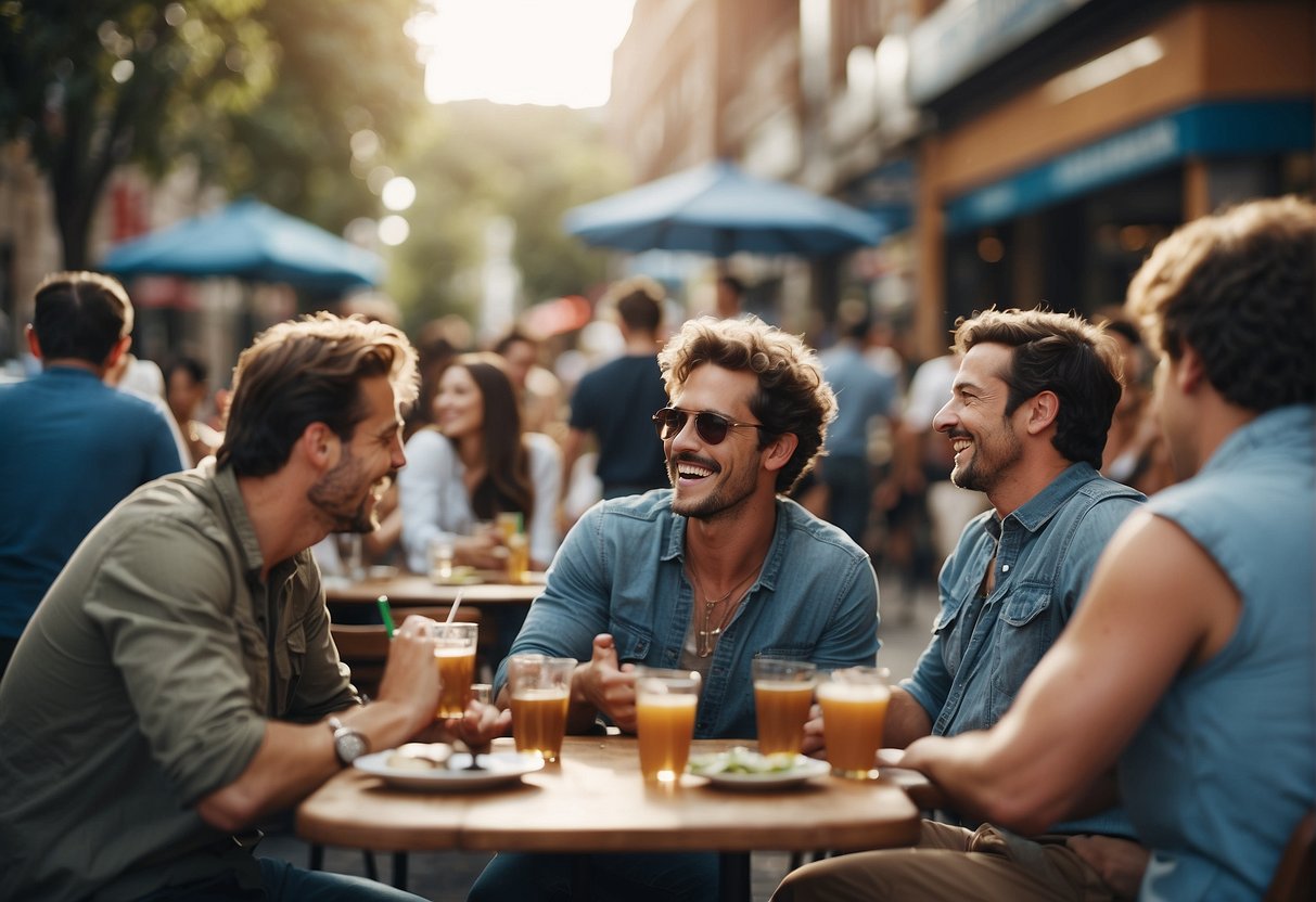 A bustling city street, with Gemini Man surrounded by friends and admirers, laughing and chatting at a lively outdoor cafe