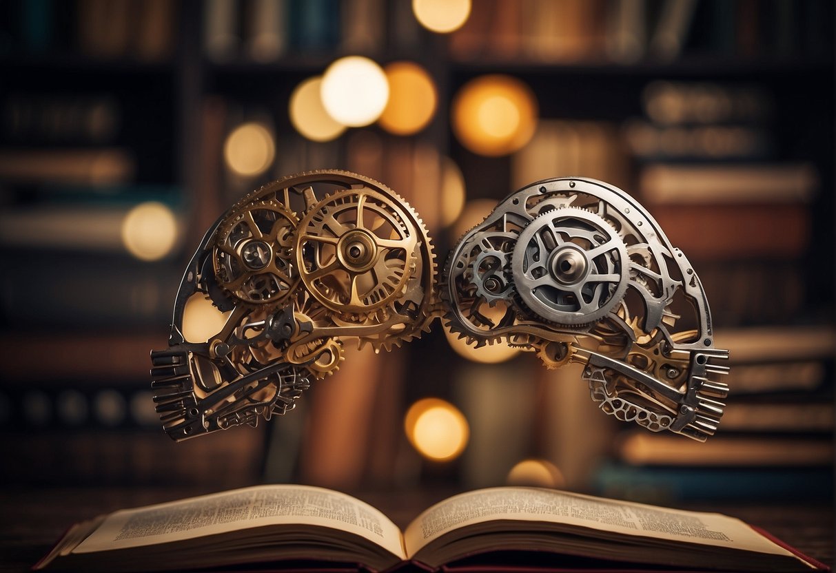 Two interconnected brains with overlapping gears and books, symbolizing intellectual bonds and shared interests