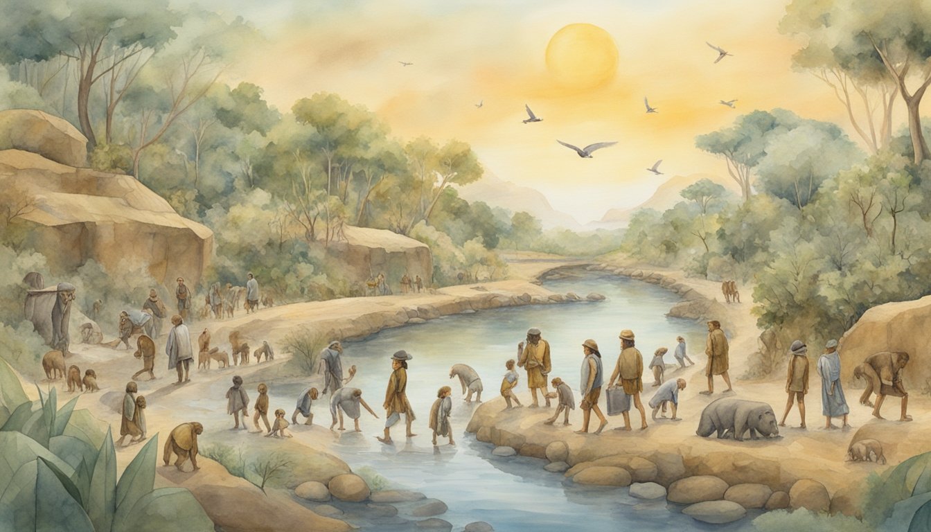 A timeline stretches across the scene, showing key moments in human evolution.</p><p>From early hominids to modern humans, the progression is depicted through illustrations and symbols