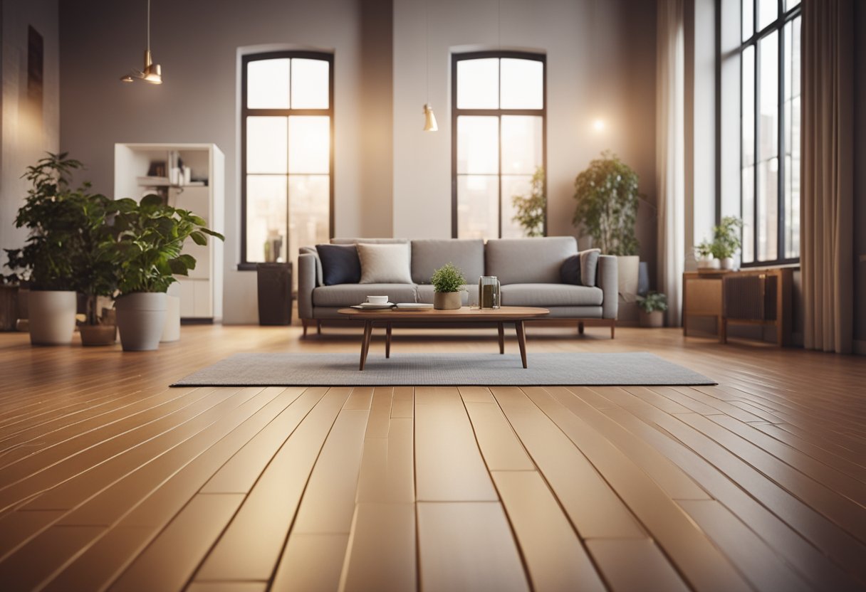 The scene depicts a room with radiant heat flooring installed, emitting warmth from below. The flooring provides ultimate comfort and coziness to the space