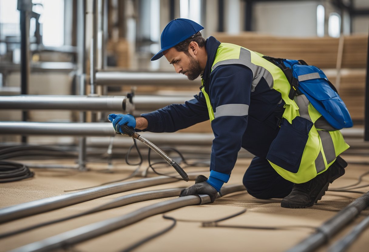 A worker lays down radiant heat flooring, connecting pipes and wires for warmth from below