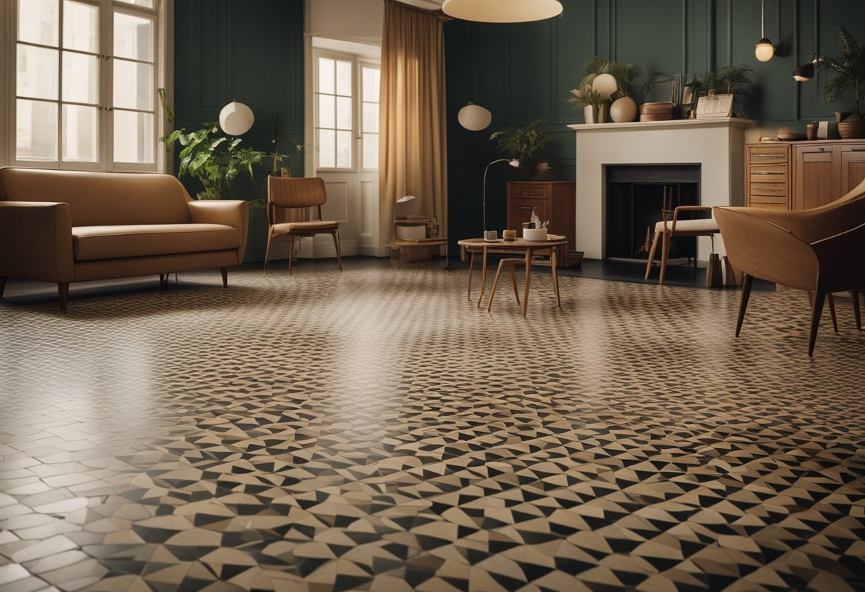 A room with vintage patterned linoleum flooring, surrounded by mid-century furniture and decor. The colors are muted and warm, evoking a sense of nostalgia and retro charm