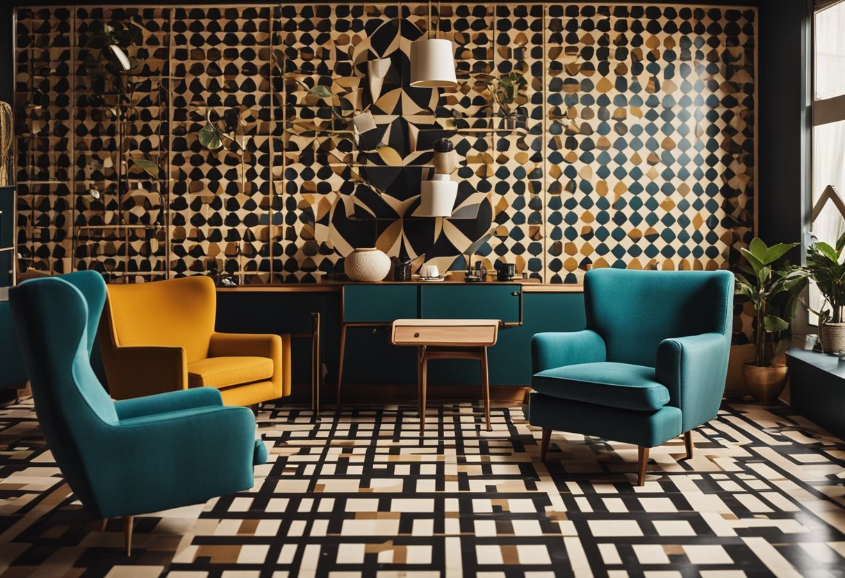 A room with checkered linoleum and bold geometric patterns, surrounded by mid-century furniture and vintage decor