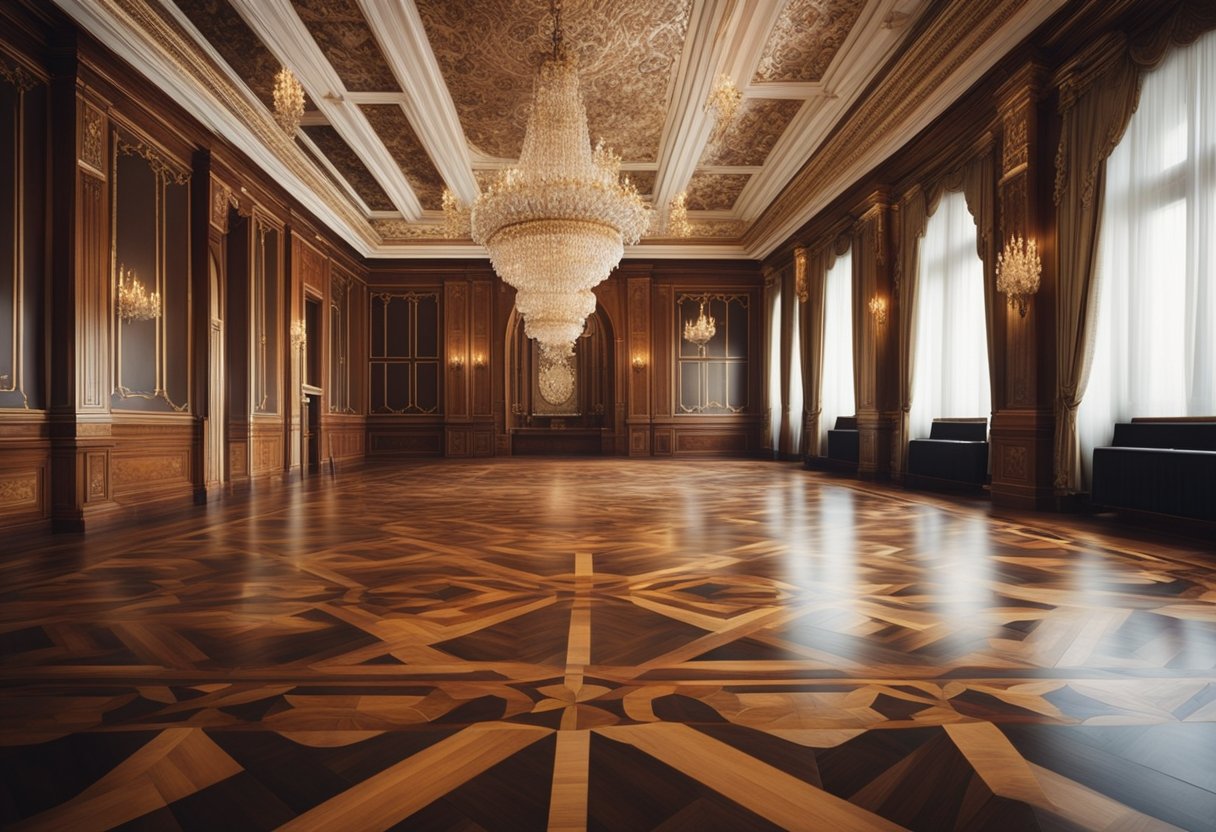 A grand ballroom with intricate parquet flooring, featuring a symmetrical pattern of richly stained wood inlaid with delicate floral motifs