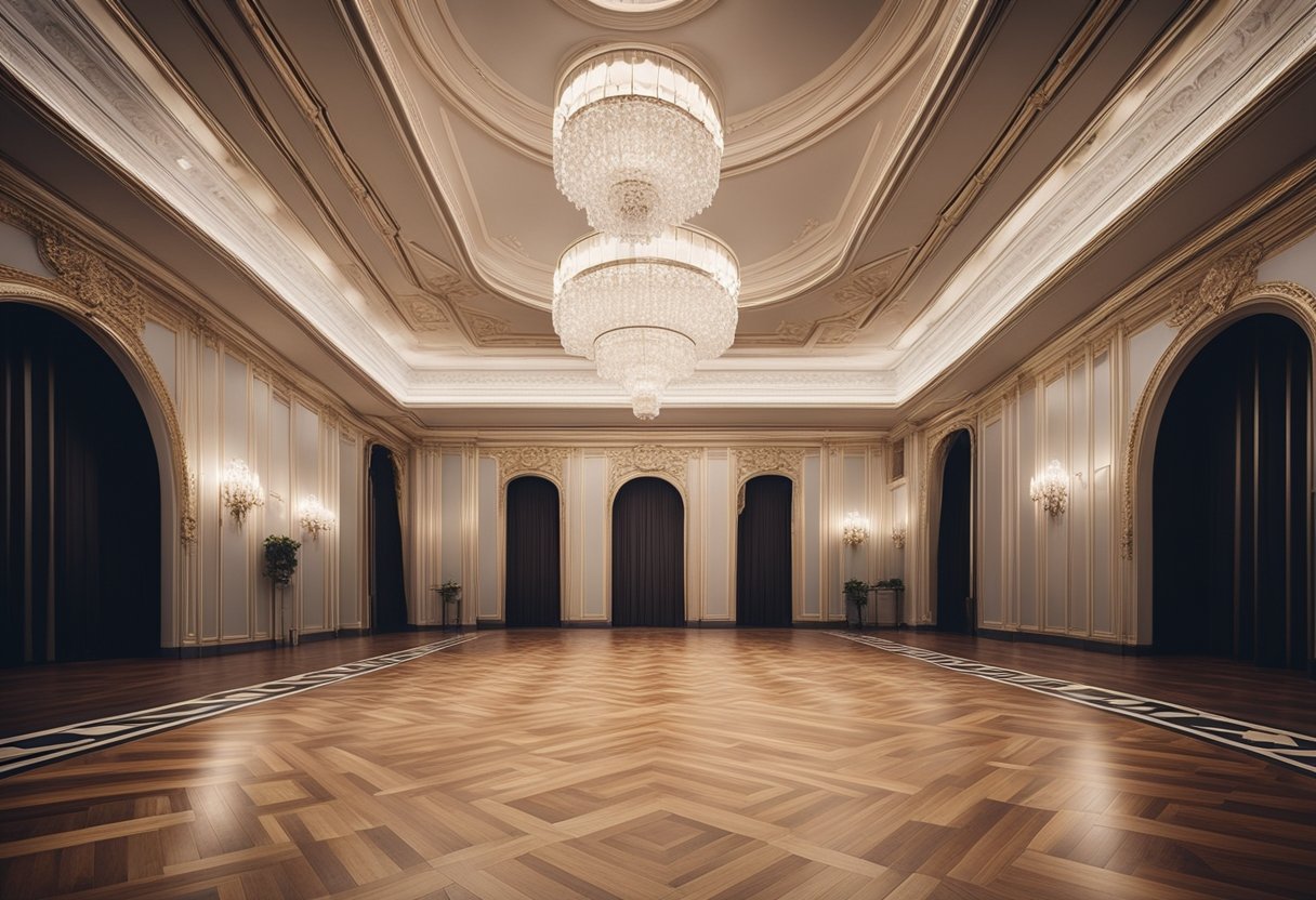 A grand ballroom with intricate parquet flooring, featuring geometric patterns and fine detailing, exuding elegance and sophistication