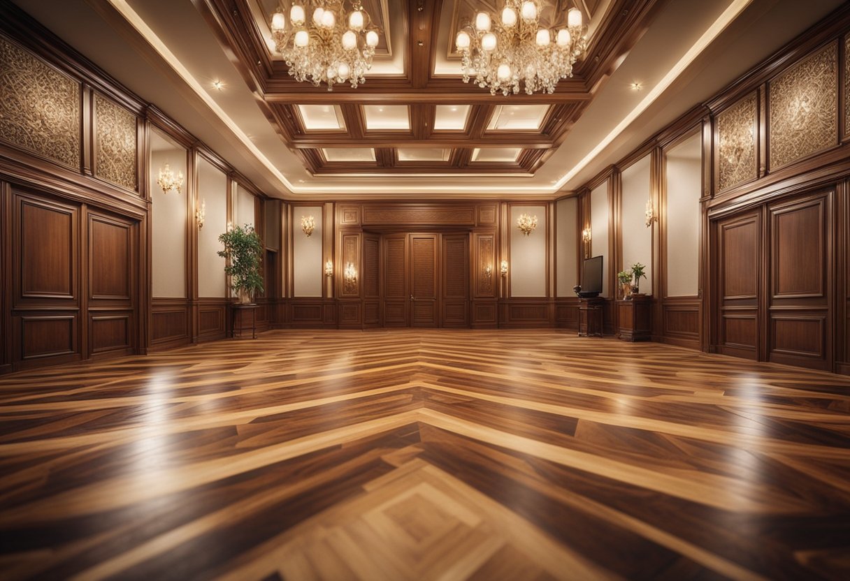 A room with intricate parquet flooring, featuring elegant and artistic detailing in a symmetrical pattern. The warm tones of the wood create a sense of sophistication and luxury