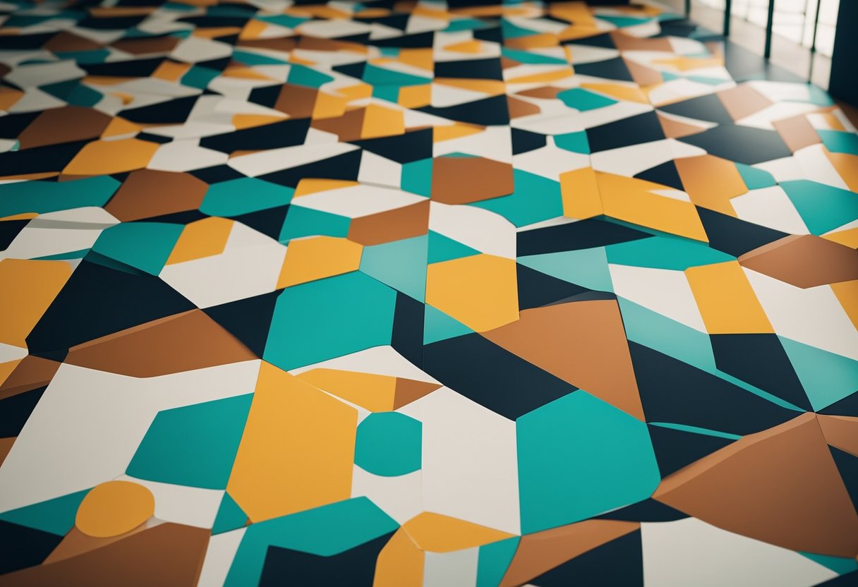 A room with vinyl flooring featuring retro-inspired patterns in a modern setting, with vibrant colors and geometric designs