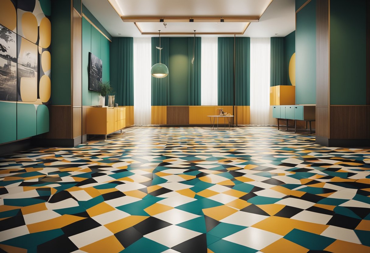 A room with vintage vinyl flooring, featuring retro patterns and modern colors, creating a nostalgic yet contemporary atmosphere