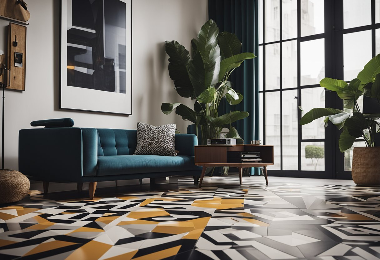 A room with sleek, modern furniture and bold, geometric patterns on the floor. A record player sits on a retro-inspired vinyl flooring, adding a touch of vintage charm to the contemporary space