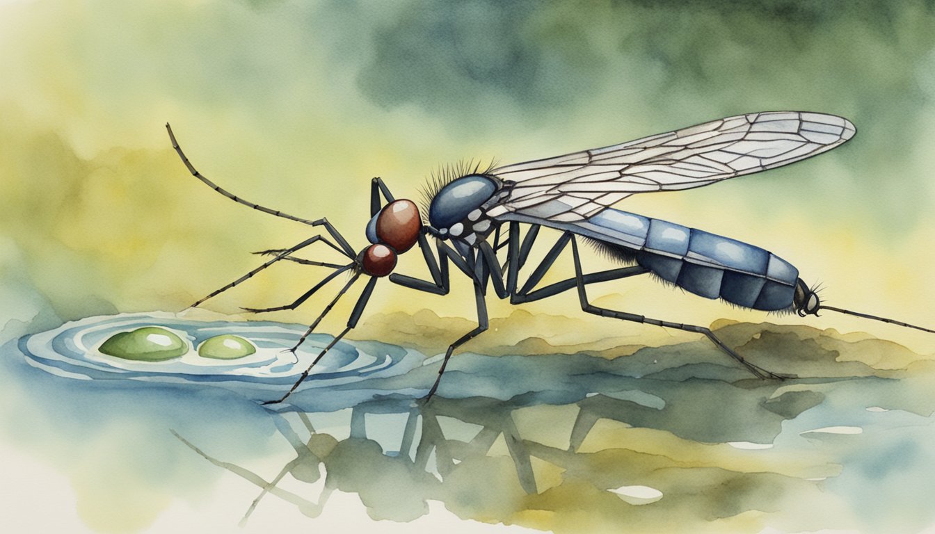 A mosquito hovers near a stagnant pool of water, its proboscis extended as it seeks a blood meal