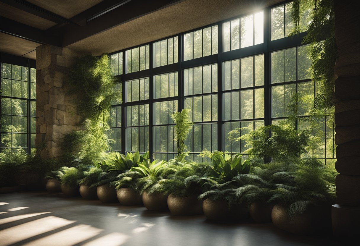 A tranquil room with large windows, natural stone walls, and lush greenery. Sunlight streams in, casting warm shadows on the textured surfaces