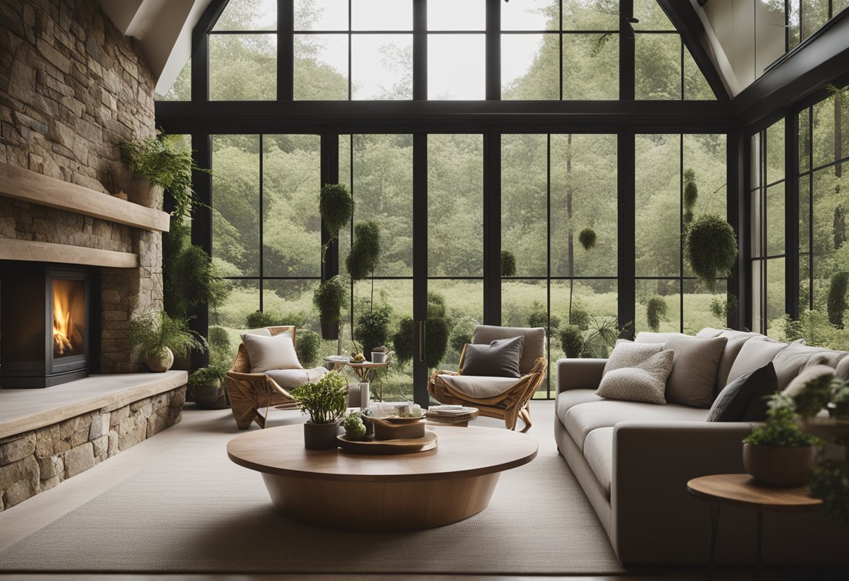 A serene living room with natural stone walls, a cozy fireplace, and large windows overlooking a lush garden. Earthy tones and textures create a harmonious blend of indoor and outdoor elements