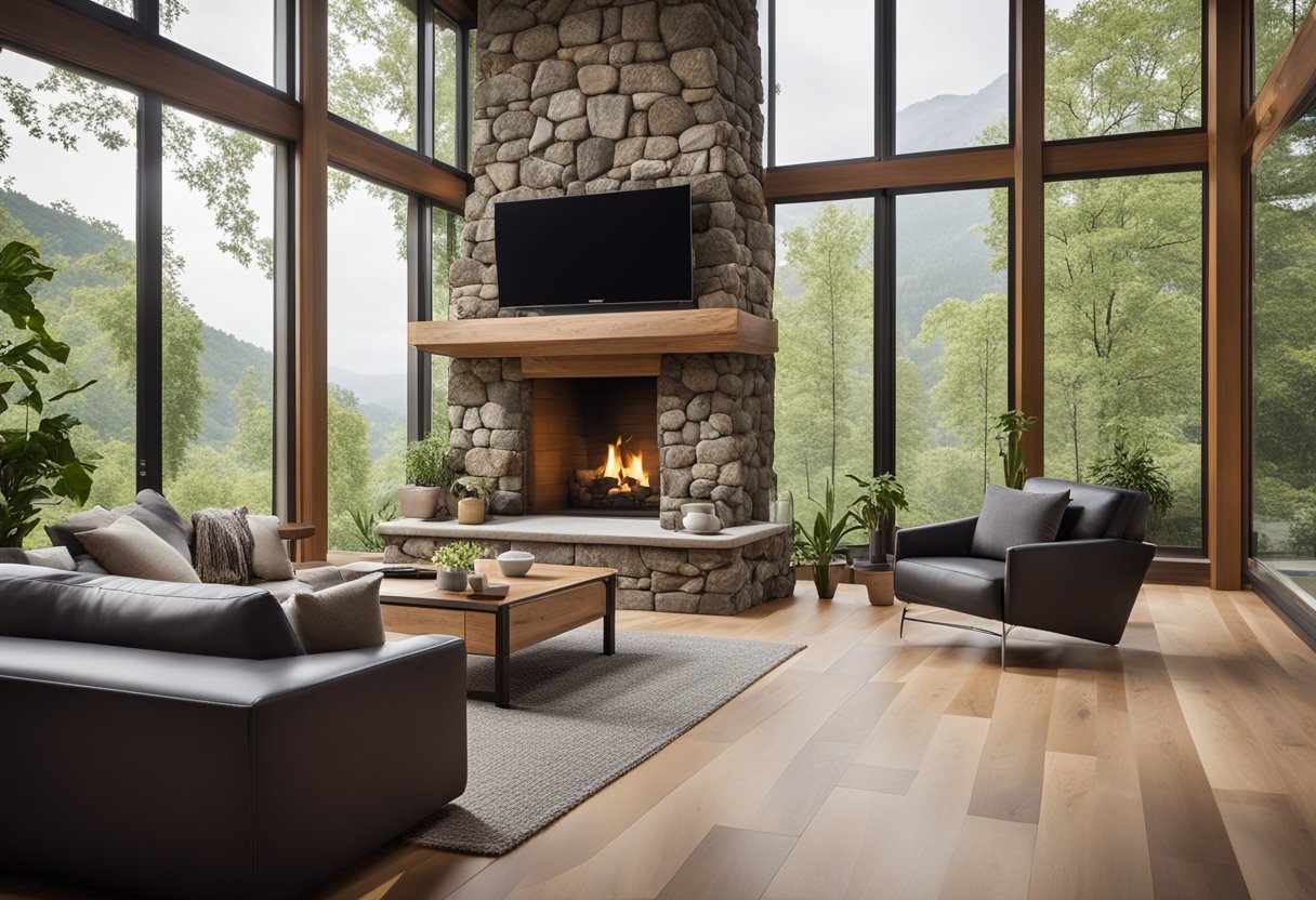 A cozy living room with a stone fireplace, wooden floors, and large windows overlooking a lush garden. The room is accented with natural stone decor, creating a serene and earthy atmosphere