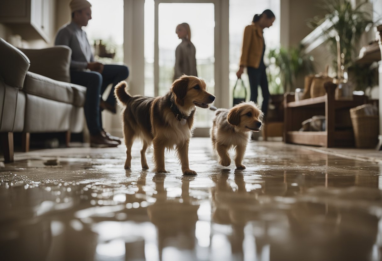 A family of four walks across a resilient, waterproof floor, with a spilled drink easily wiped away. A dog's muddy paws leave no trace