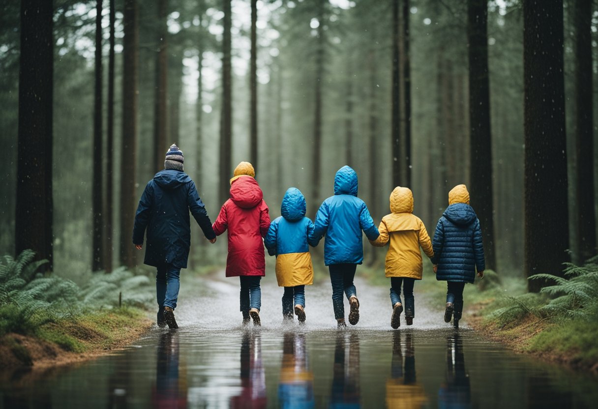 A family of four splashes through a rainy forest, their feet protected by waterproof flooring. The resilient surface withstands the wear and tear of their active lifestyle