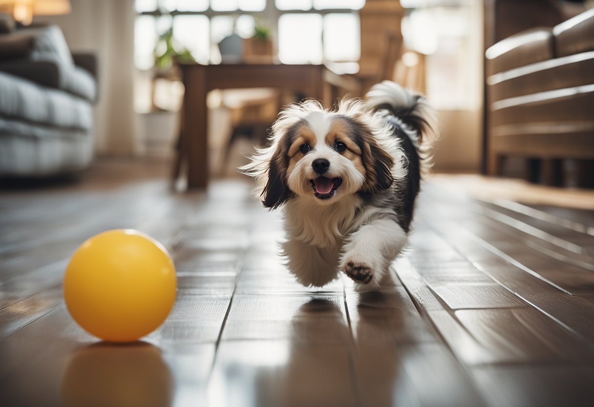 A family dog running and playing on a waterproof floor, while children spill drinks and drop toys without causing damage