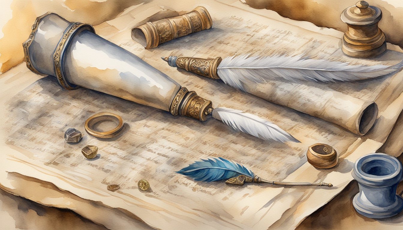 A quill pen writes on parchment, surrounded by ancient scrolls and artifacts.</p><p>The impact of biblical writings is evident in the historical context