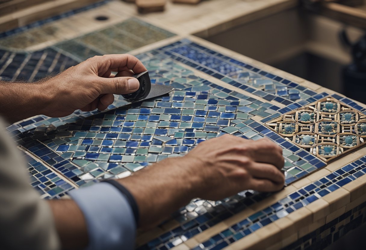 A craftsman carefully places handcrafted tiles into a mosaic pattern, showcasing the intricate beauty of artisanal tile work