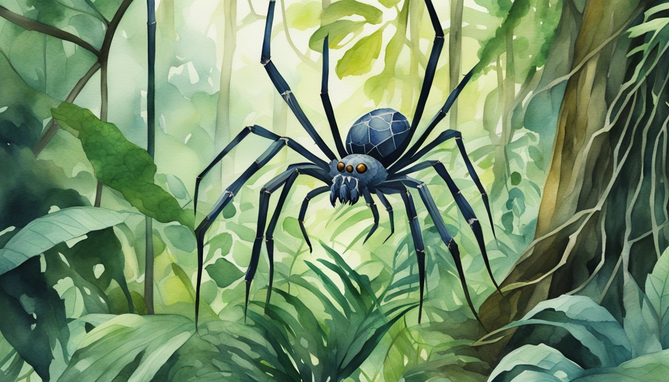 In a dense rainforest, a giant spider rests in its web.</p><p>The lush greenery and tangled vines surround the creature, showcasing its natural habitat
