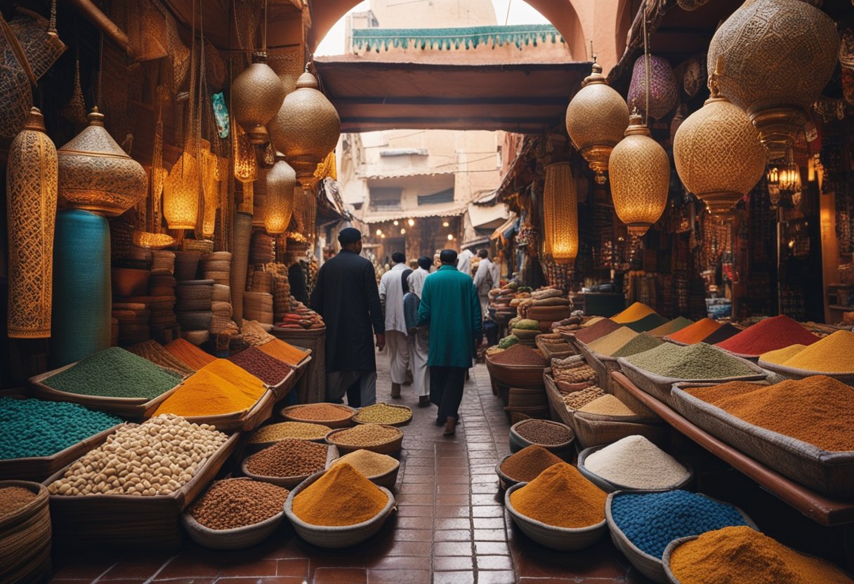 A vibrant Moroccan bazaar, with intricate tile patterns and colorful rugs on display, surrounded by bustling vendors and the aroma of exotic spices