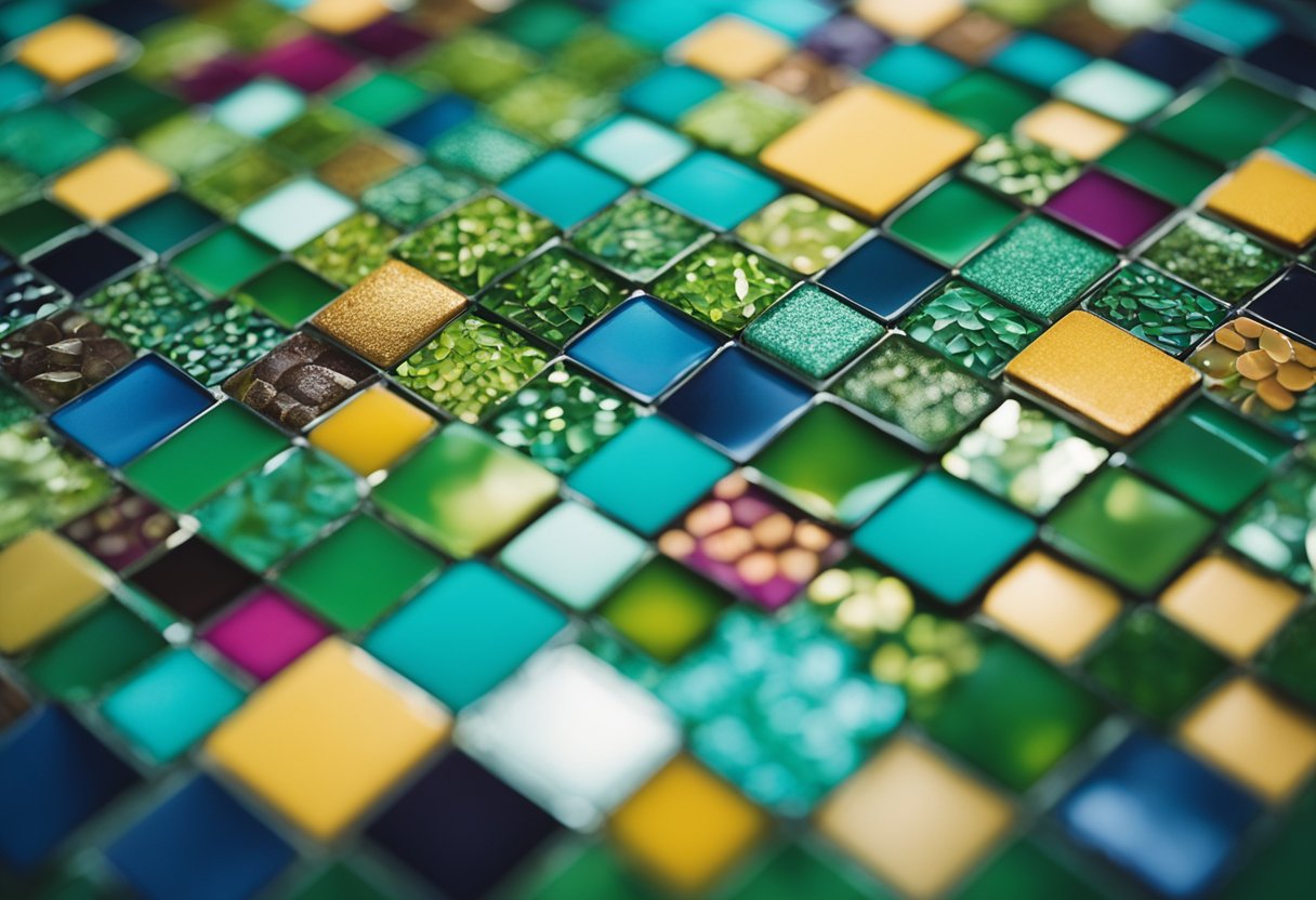 A vibrant mosaic of colorful tiles from around the world, showcasing unique textures and patterns, surrounded by lush greenery and exotic flora