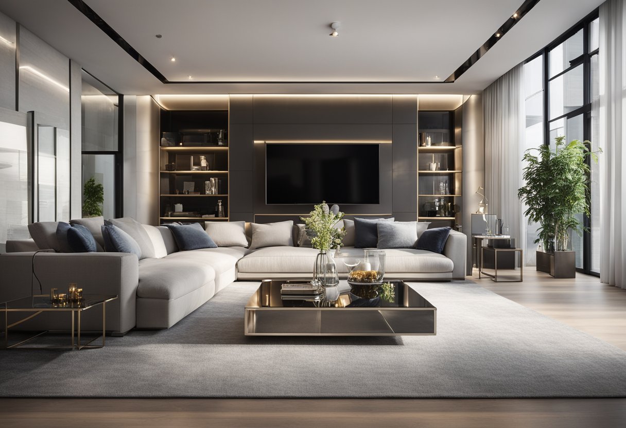 A modern living room with sleek, reflective surfaces and metallic accents. The room is filled with light, creating a high-shine, glamorous atmosphere