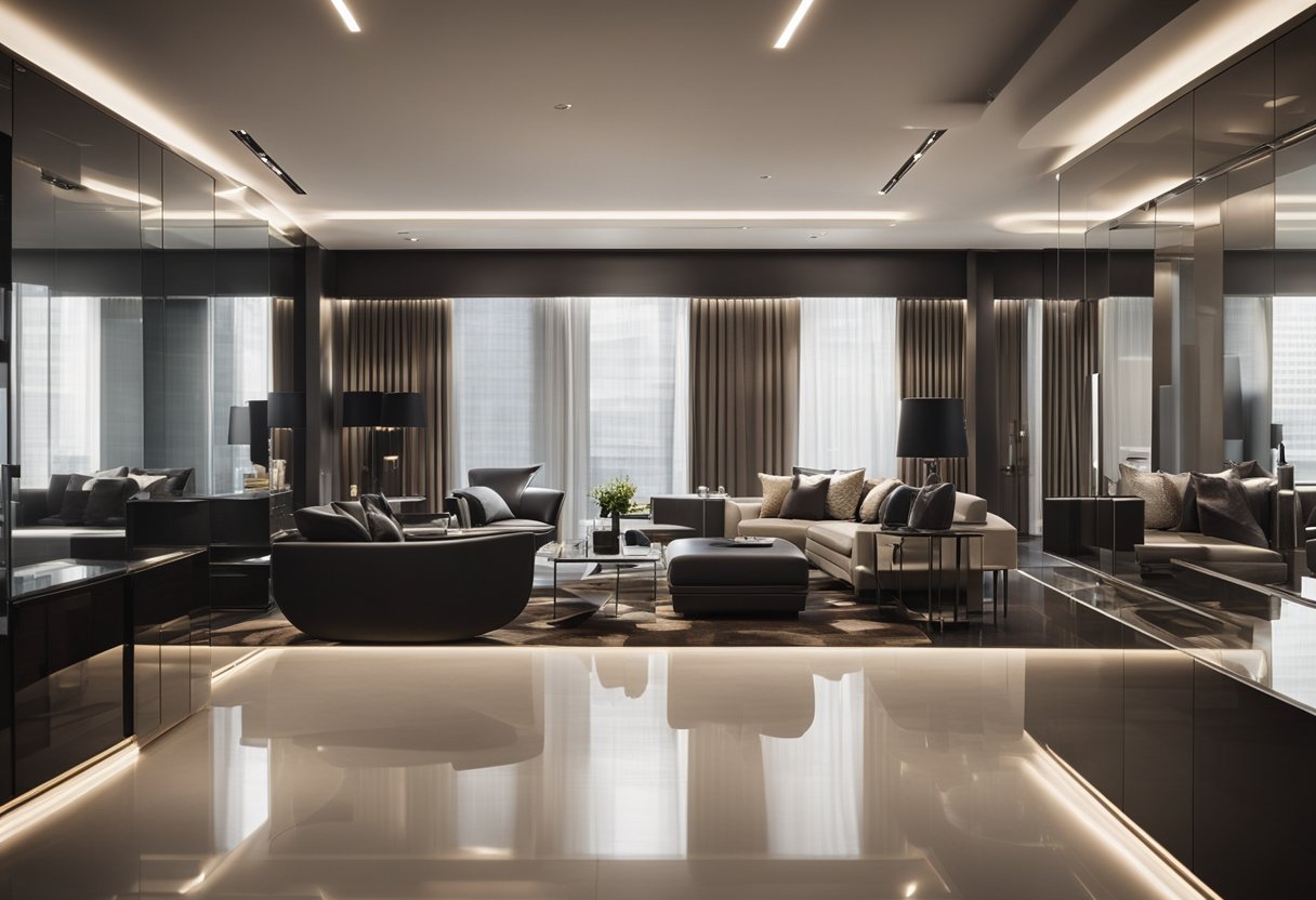 A sleek, modern space with reflective surfaces and polished finishes. Light bounces off the glossy materials, creating a luxurious and contemporary atmosphere