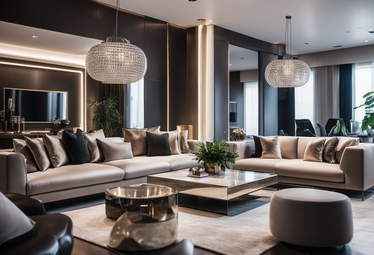 A sleek, modern living room with reflective surfaces and high-shine finishes. The room is bathed in light, creating a glamorous and luxurious atmosphere