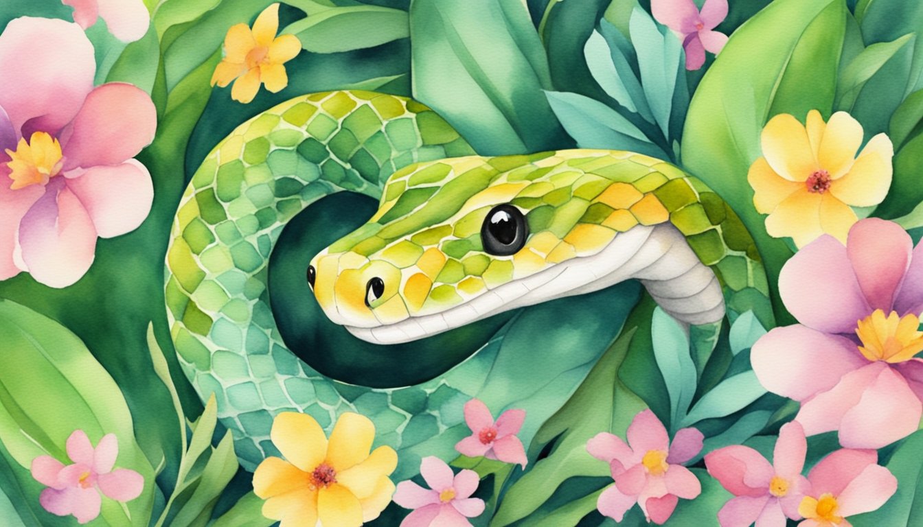 A cute snake slithers among colorful flowers and lush green leaves