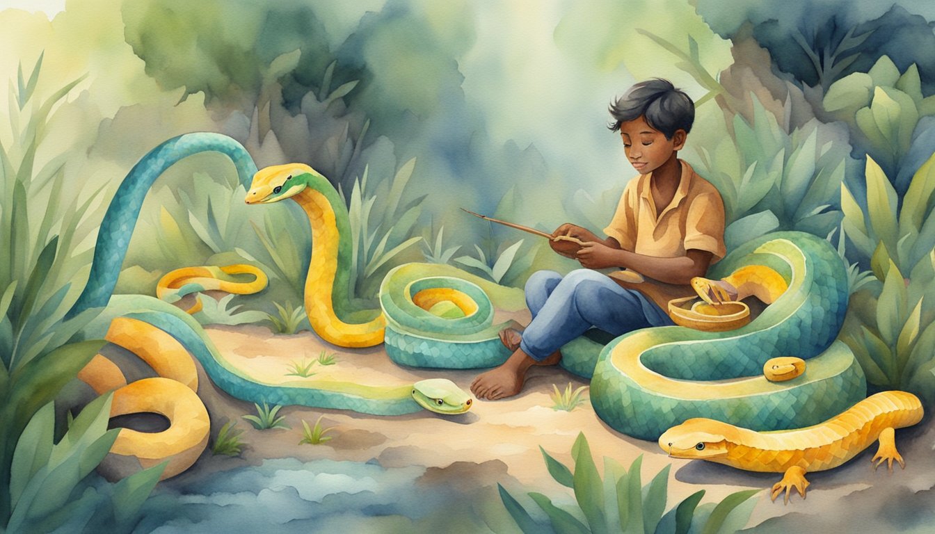 A snake charmer carefully tends to a group of adorable, colorful snakes in a cozy, natural habitat