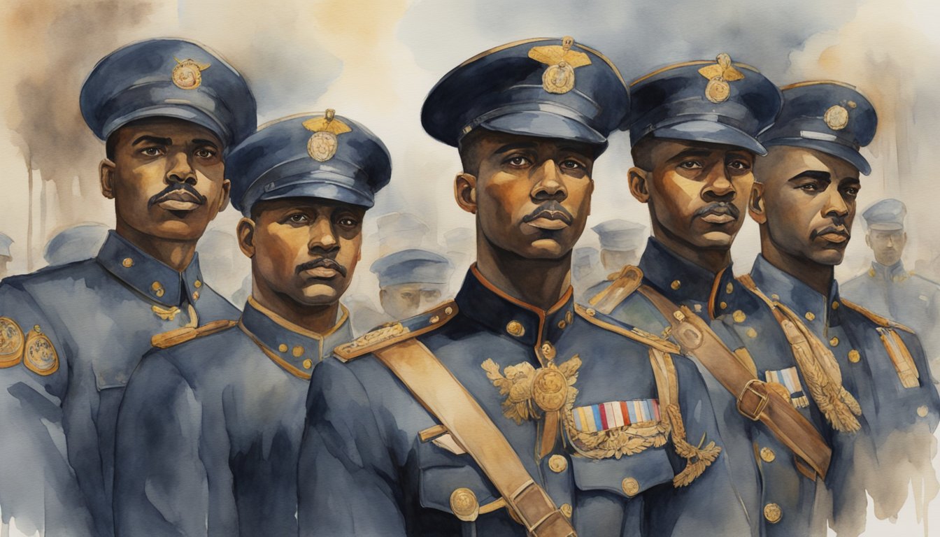 A group of Harlem Hellfighters stand proudly, adorned in their iconic uniforms, as they are honored and recognized for their bravery and sacrifice
