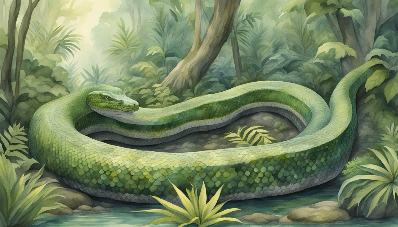 The titanoboa slithers through the dense, swampy jungle, its massive body coiling around tree trunks as it hunts for prey
