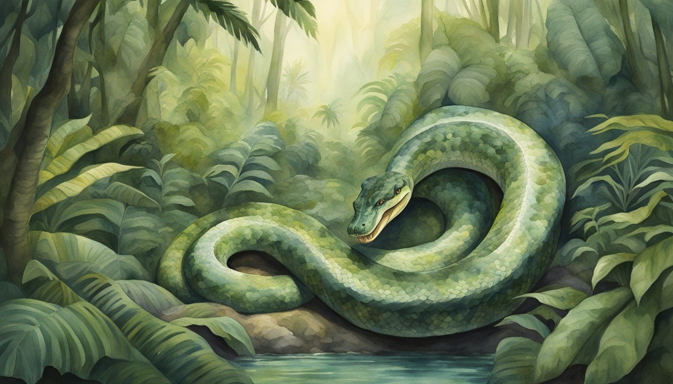 A massive titanoboa snake slithers through a prehistoric jungle, dwarfing all other creatures with its immense size.</p><p>Its presence signifies a shift in the ecosystem and a cultural fascination with ancient reptiles