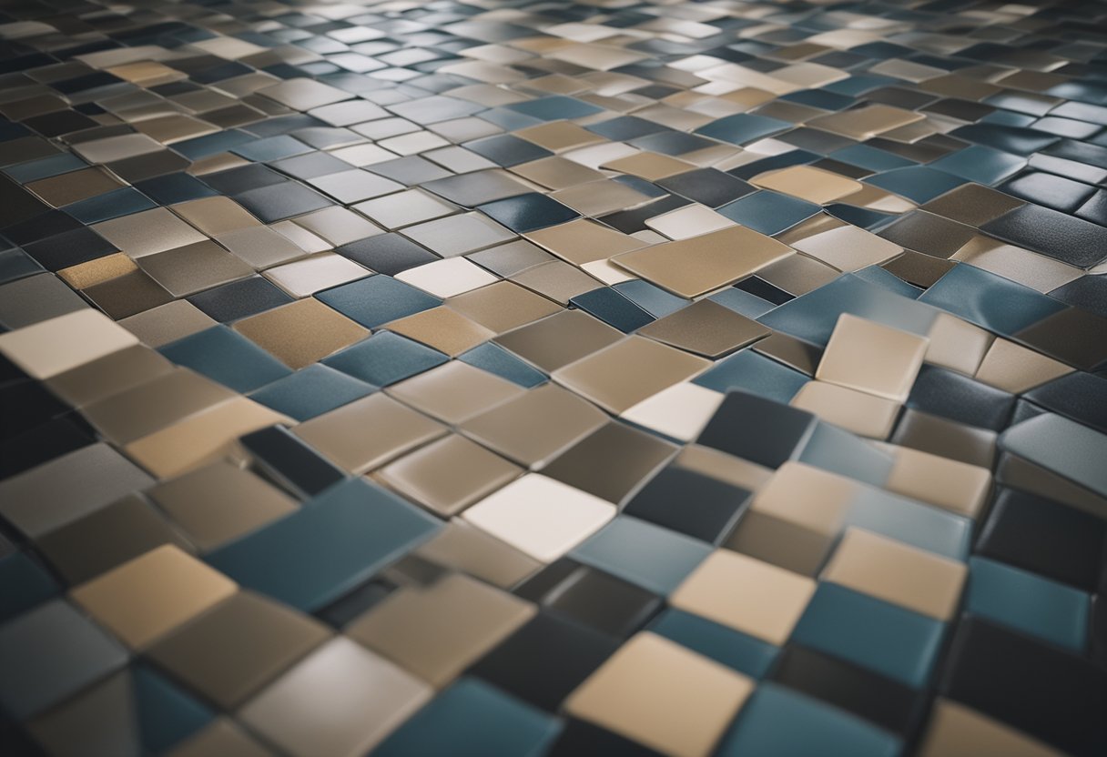 A close-up view of textured tiles creating depth and dimension on a floor, with varying shades and patterns