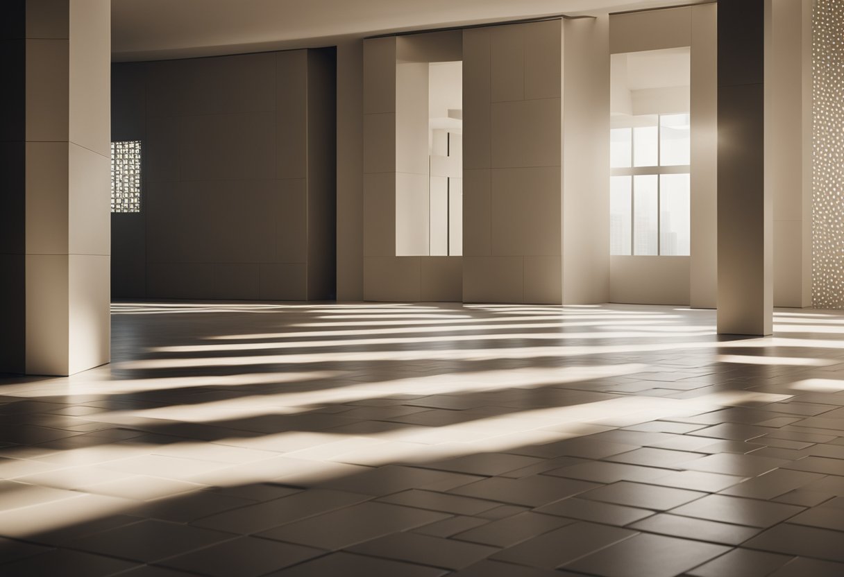 A room with textured tiles, casting shadows to create depth and dimension on the floor. Light reflects off the uneven surface, adding visual interest