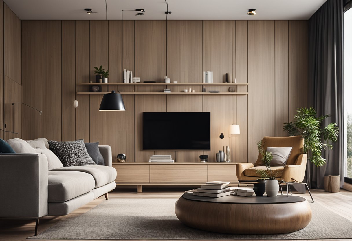 A cozy living room with wood look porcelain flooring, modern furniture, and large windows letting in natural light