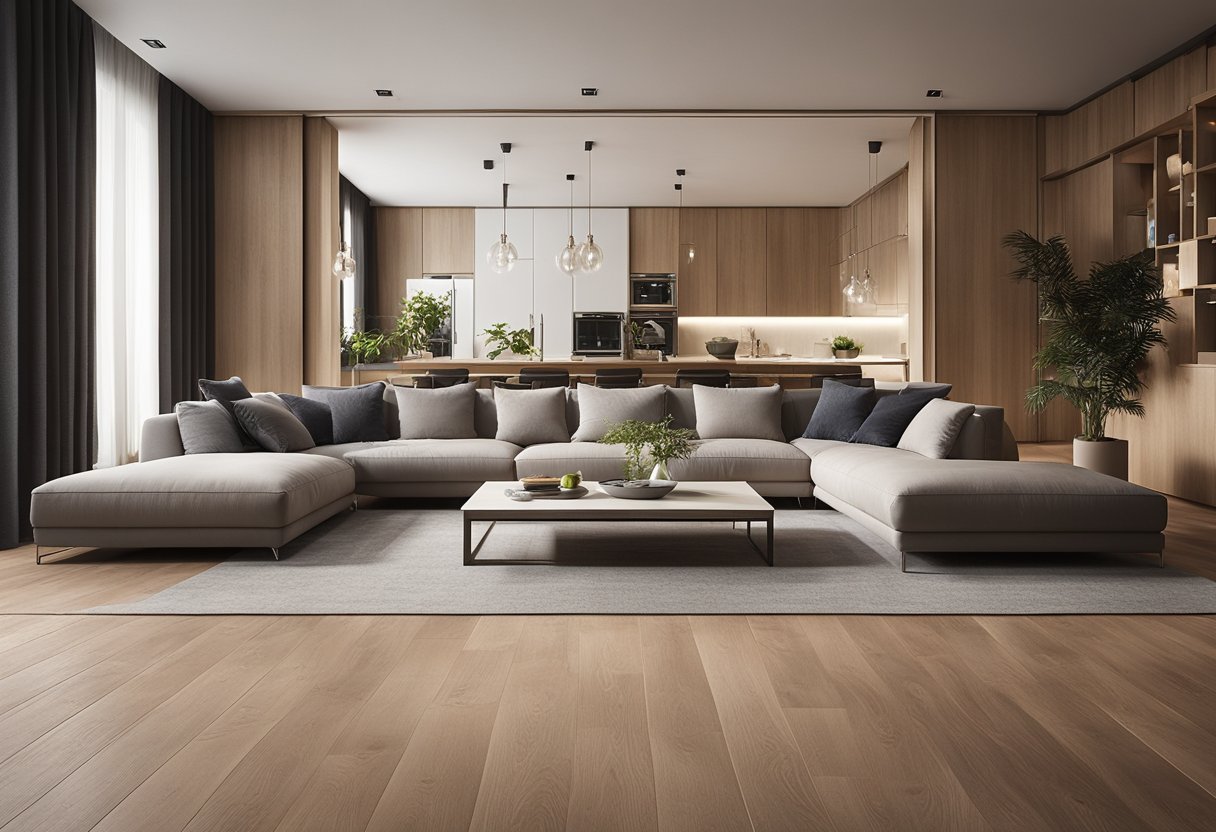 A cozy living room with wood-look porcelain flooring, featuring a warm and inviting atmosphere with modern practicality