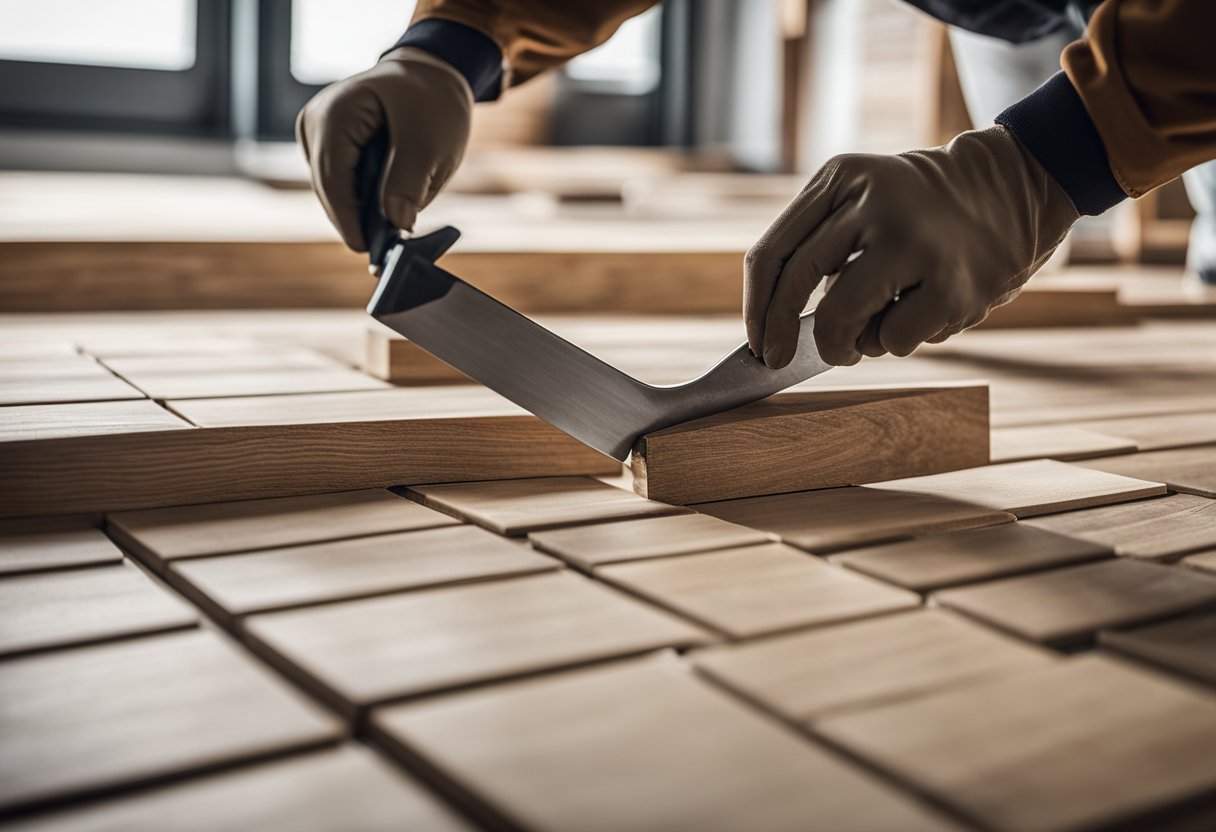 A worker lays wood-look porcelain tiles, tools nearby. A finished floor shows the tiles' authentic appearance and modern durability