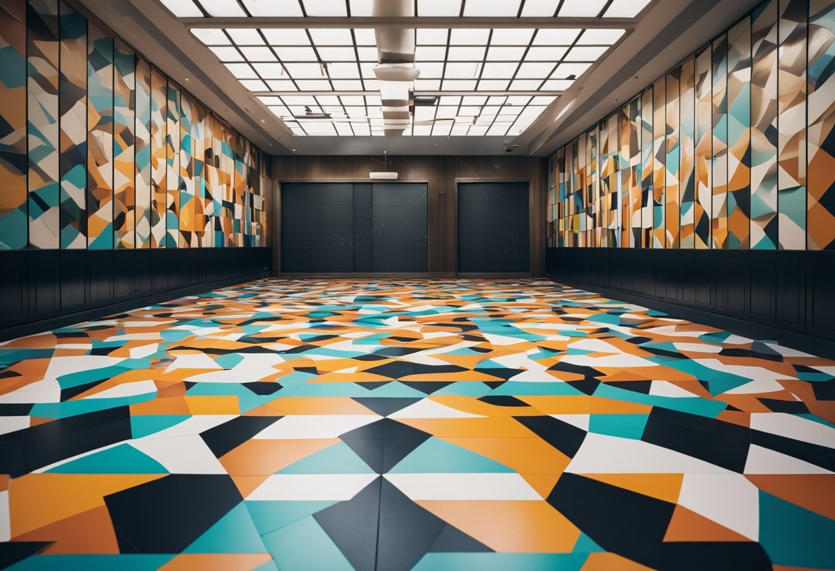 A room with vibrant geometric flooring, bold patterns in contrasting colors, creating a statement floor design