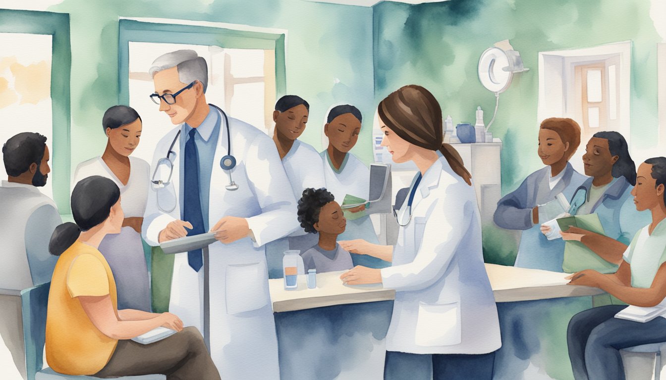 A doctor administers Moderna Omicron booster to a diverse group of people in a clinic, with a focus on public health impact