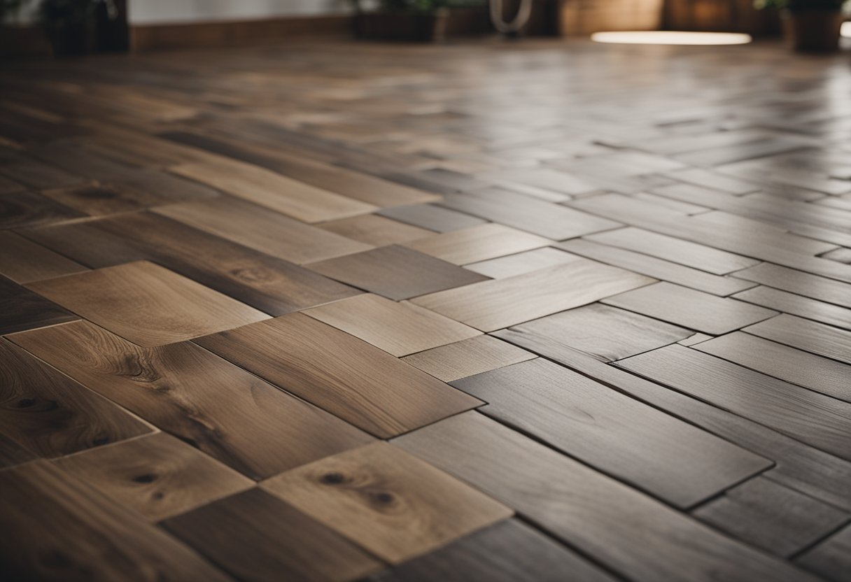 The farmhouse flooring is a mix of weathered wood and modern tiles, creating a warm and inviting atmosphere