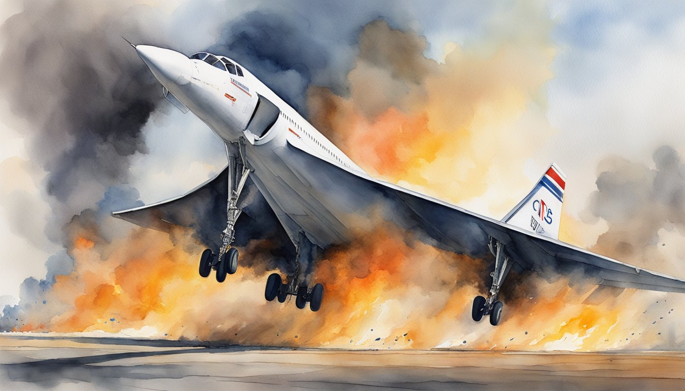 The Concorde jet crashes into flames, causing destruction and chaos on the runway
