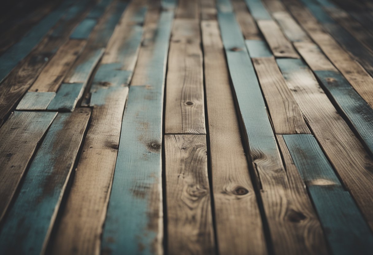 A room with vintage-inspired distressed flooring, showing character and charm. The worn wood planks feature unique patterns and colors, evoking a sense of history and nostalgia