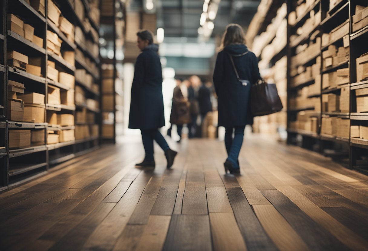 A customer browsing through a collection of vintage-inspired distressed flooring, examining the unique character and texture of each option